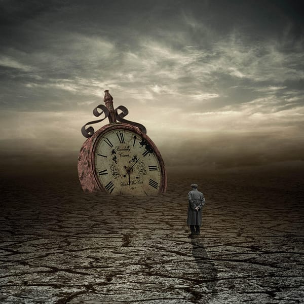 man, fantasy, clock, heaven, clouds, nature, animation